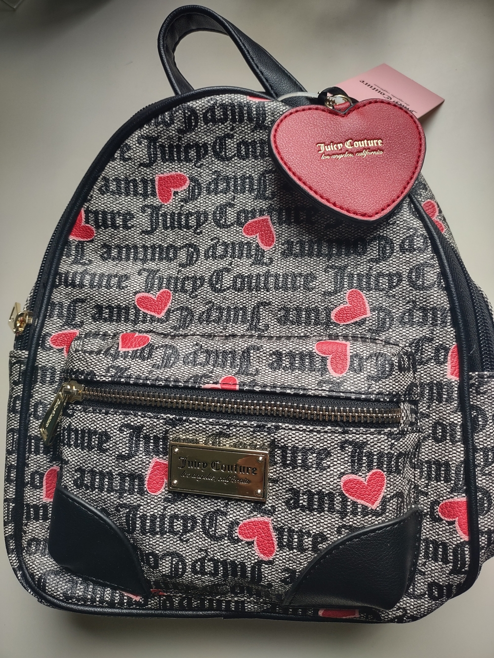 Juicy Couture Black Logo Valentine Hearts Canvas Mini Backpack Red Heart Charm